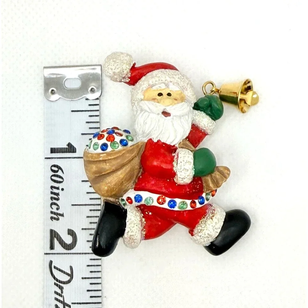 Vintage Pin Brooch Santa Claus w Bag of Presents & Rhinestones & Bell St. Nick
